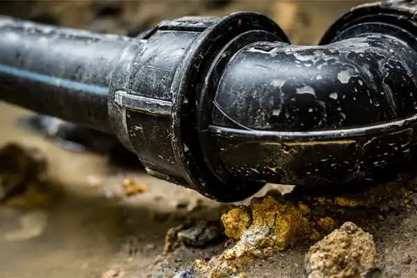 Close-up of a black plastic drainage pipe with an elbow joint, partially buried in muddy ground, suggesting the early stages of a sewer line repair.
